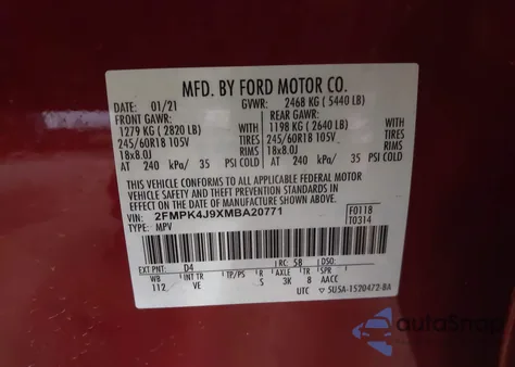 2021 Ford Edge Sel из США, поврежденный, VIN 2FMPK4J9XMBA20771